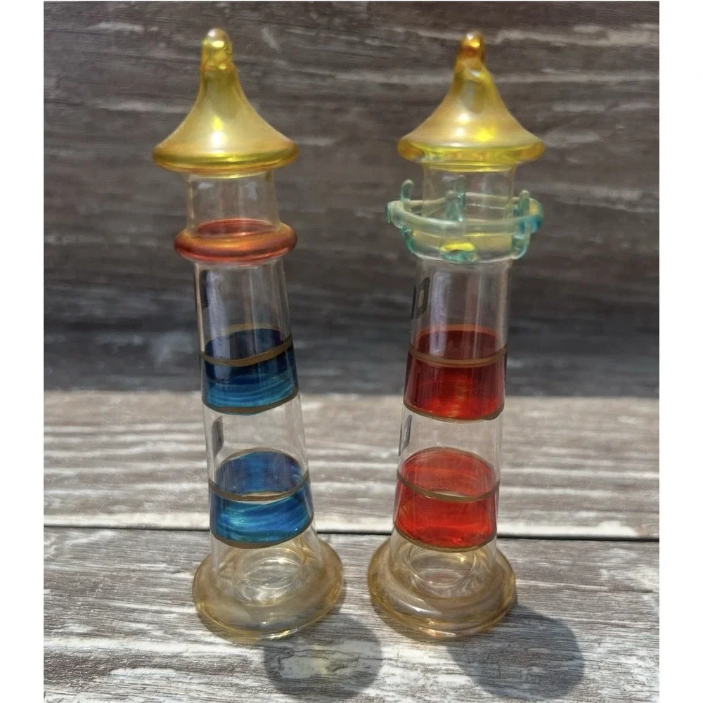 Lighthouse Ornaments Hand Blown‎ Glass Lightweight Set Of 2 Colorful  Maritime